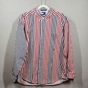 Vintage Tommy Hilfiger Shirt Mens XL Red Blue Stripe Button Down Crest Logo 90s